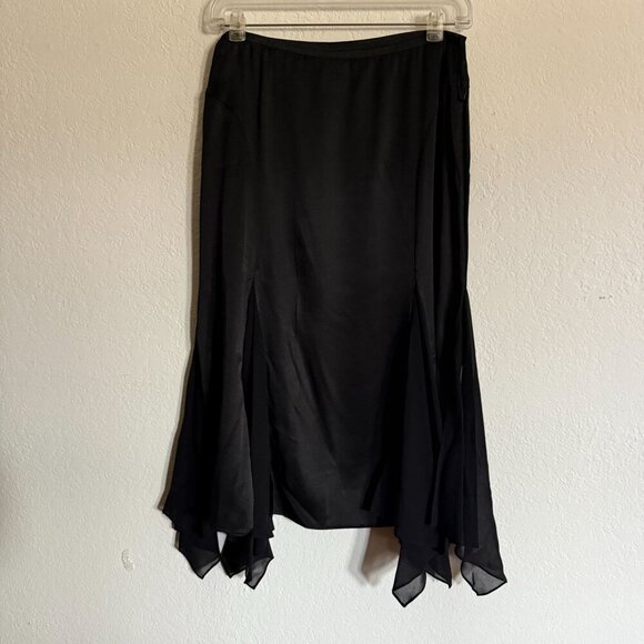 Black Silk Handkerchief Hem Midi Skirt Sheer Panels Witchy Whimsy Goth - Picture 10 of 12